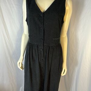 Vintage 80s FADS Black Polka Dot Corduroy Midi Dress | Sleeveless Button-Down Co